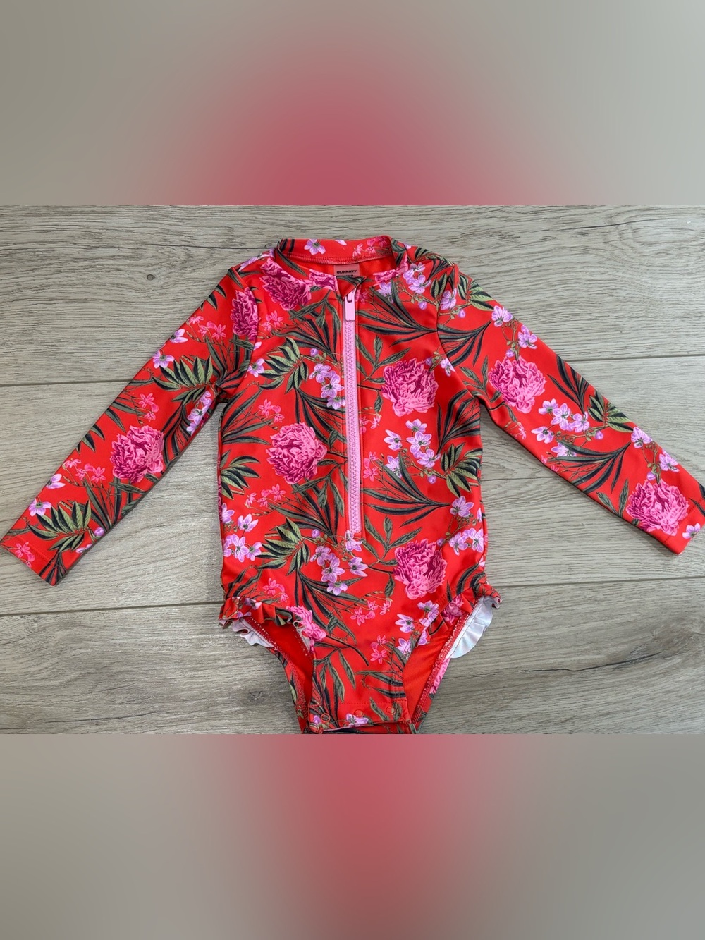 Old Navy Red and Pink Floral Long-Sleeve Kids Rashguard One-Piece